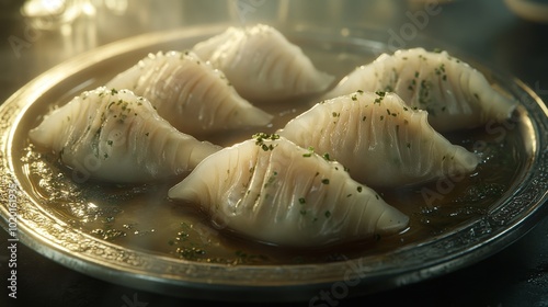 Plato de dim sum hervidos al vapor, dispuestos en un plato de plata, con un fondo suave y cálido.