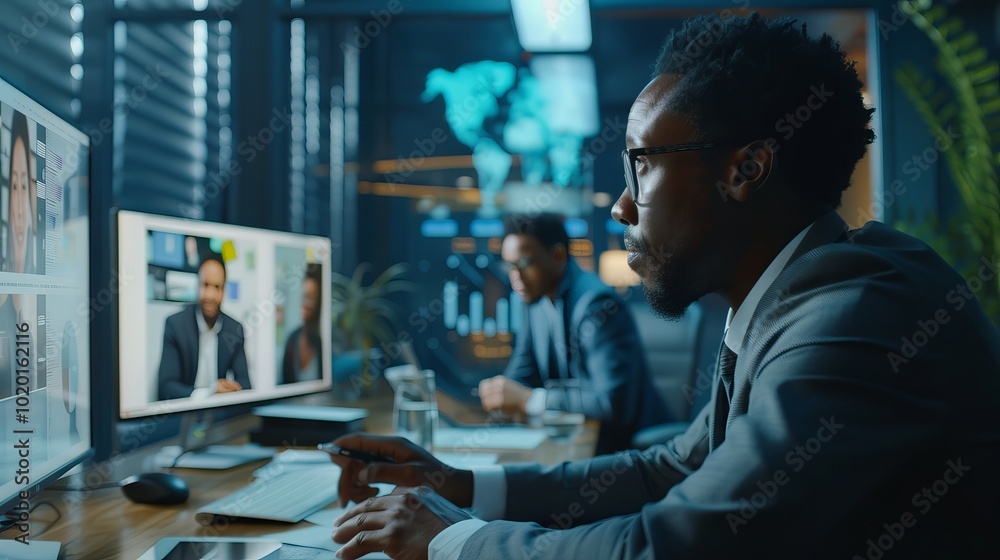 Business team engaged in a virtual video conference call, discussing project strategy and collaborating remotely in a modern office setting