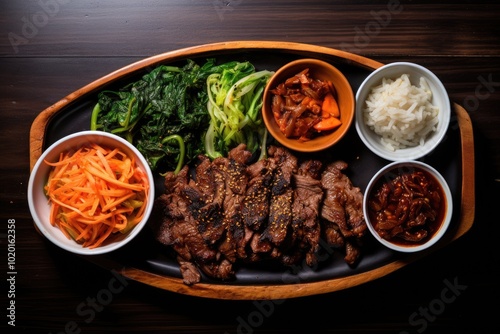 Delicious Korean Meal with Grilled Meat and Sides
