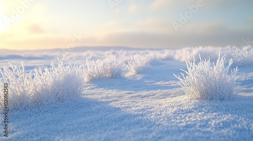 Frost-Covered Plants in a Snowy Field at Sunset