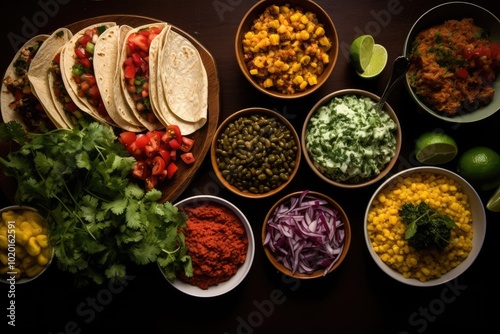 Colorful Mexican Food Spread on Dark Table