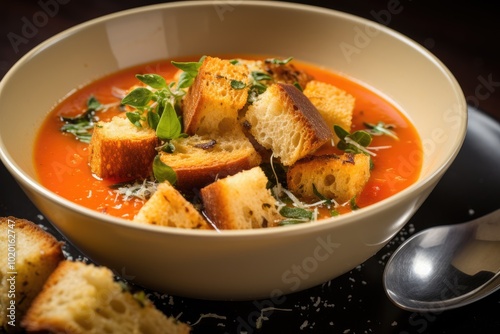 Delicious Tomato Soup with Crusty Bread Pieces
