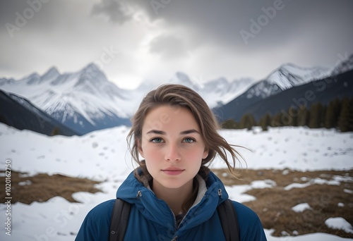 A young woman , standing in front of a lush, forested landscape