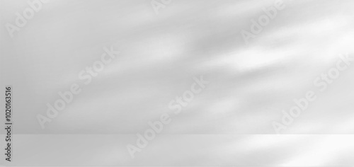 White studio with leaves shadow and sun light background. 3d gray room with sunlight and leaf nature overlay bg. Concrete floor stand scene mockup. Beauty and cosmetic display on surface texture