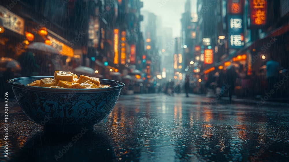 Obraz premium Un plato de dumplings se encuentra en el suelo mojado de una calle nocturna llena de luces y carteles luminosos. La escena está ambientada en una ciudad bajo la lluvia.