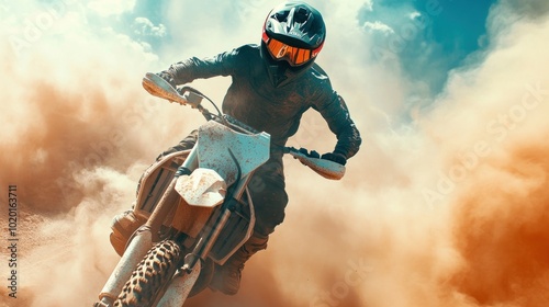 Attractive man riding a dirt bike on a dusty road filled with dramatic smoke. He is wearing a helmet with raised visor and holding the handlebars.