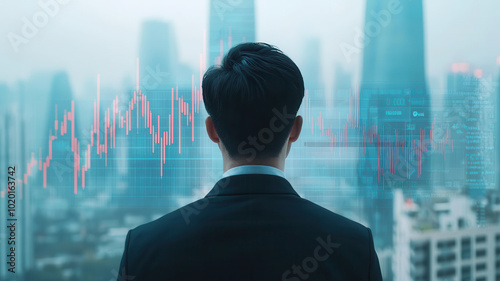 image depicts man in suit looking out over city skyline, with digital financial graphs overlaying scene, symbolizing investment and market analysis