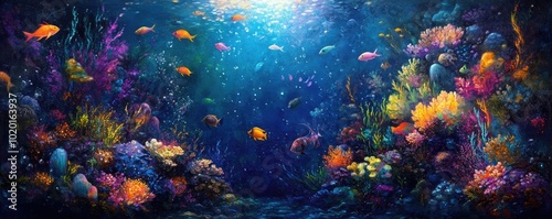 Underwater symphony, bioluminescent fish dancing to ancient melodies, vibrant aquatic colors illuminating the scene