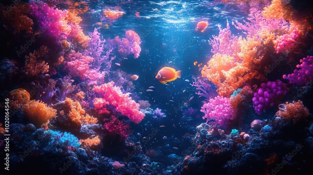 Naklejka premium Utopian dreams collide, underwater realms illuminated, surreal colors blend harmoniously, whimsical marine life dances