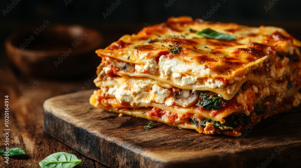 A close-up shot of a freshly baked lasagna with spinach, ricotta cheese, and tomato sauce on a wooden cutting board. A close-up shot of a freshly baked lasagna with spinach, ricotta cheese, and tomato sauce on a wooden cutting board.