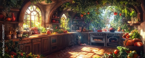 Wide-angle fantasy kitchen, magical ingredients floating, vibrant colors, whimsical atmosphere, chefs with enchanting powers, fantastical dishes, dreamy landscape photo