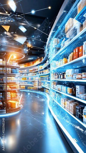 Futuristic Supermarket with Digital Display.