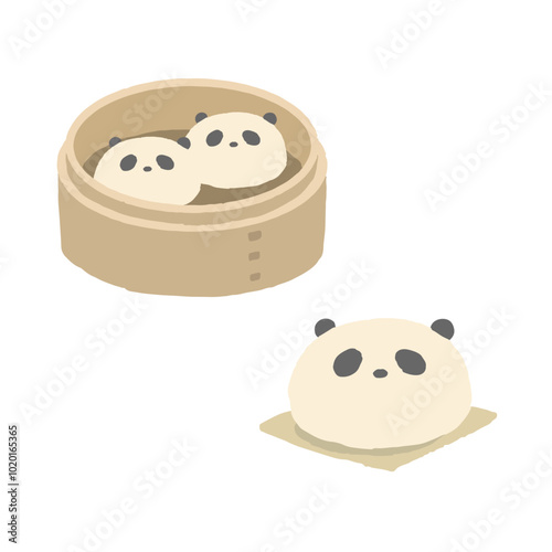 せいろに入ったパンダまんのセット