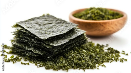 Stack of dried seaweed sheets with loose seaweed in a wooden bowl.