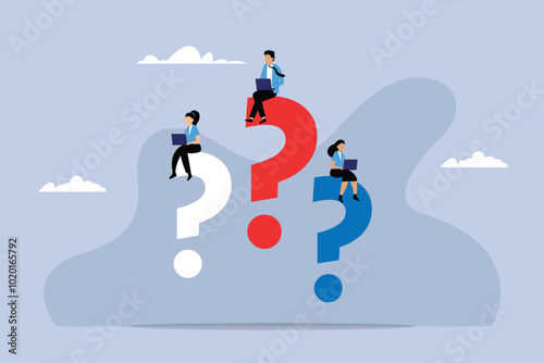 Business Team Sitting on Question Marks Working on Laptops 2d flat vector illustration