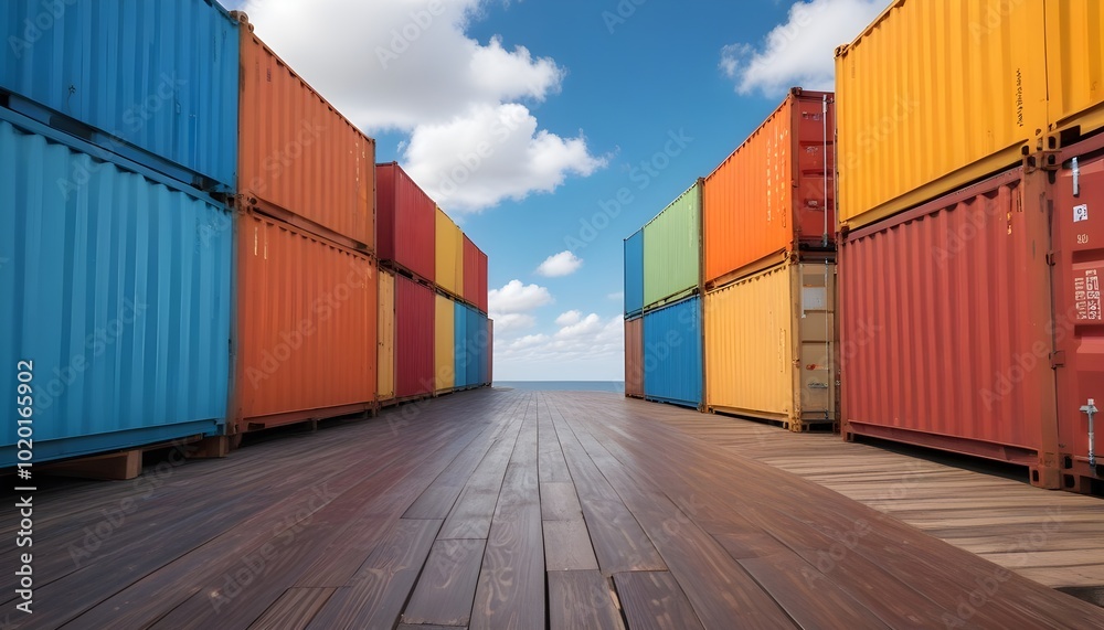 Fototapeta premium Colorful shipping containers stacked in a long row, with a wooden dock in the foreground and a cloudy blue sky in the background