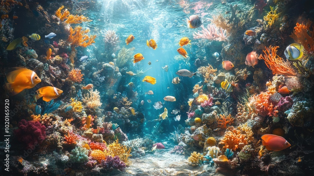 Naklejka premium Wide-angle underwater kitchen, vibrant aquatic life, chefs preparing seafood delicacies, oceanic colors blending harmoniously