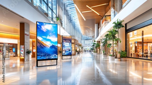 Modern Shopping Mall Interior with Large Screens.