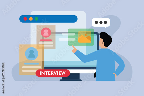 Virtual Job Interview Concept with Applicant Profile on Screen 2d flat vector illustration