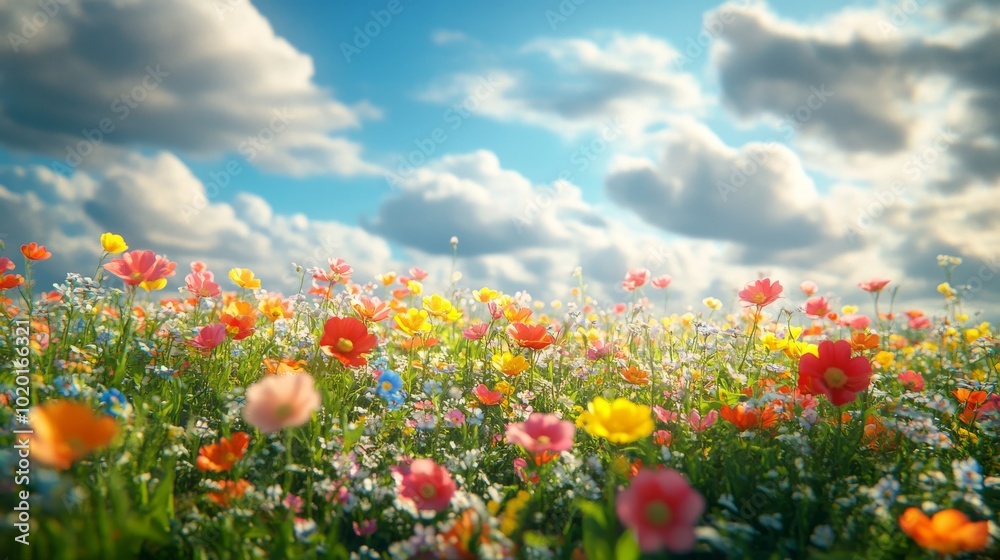 A Colorful Wildflower Field Under a Cloudy Sky A Colorful Wildflower Field Under a Cloudy Sky