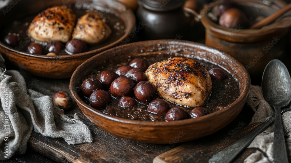 Un plato rústico de pollo asado con cebollas pequeñas, servido en una cazuela de barro en un entorno de cocina tradicional.


