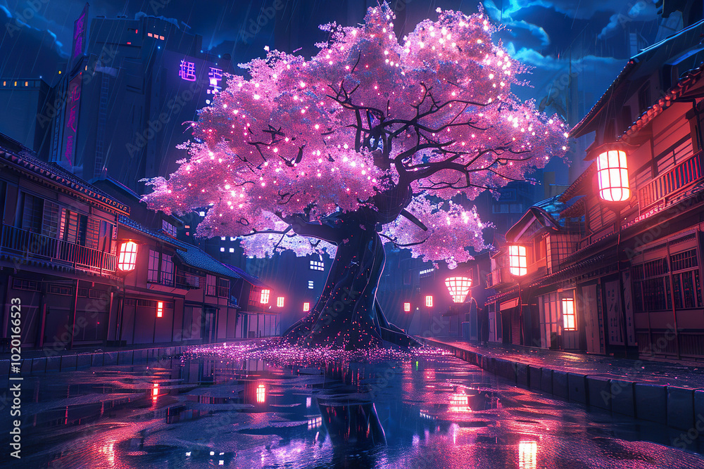 Obraz premium A tree with pink leaves is in a city street with neon lights.,