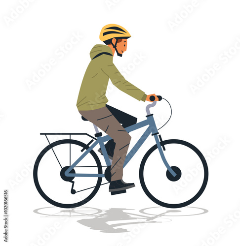 Cyclist riding bike outdoor activity nature. Person riding bicycle wearing helmet and casual clothing isolated on white background side view. Ideal for website design banner template