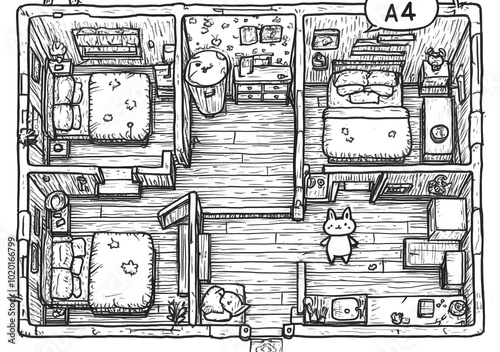 Hand-Drawn Top View of a Floor Plan with Furniture