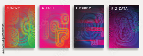 Glitch distorted geometric template brochures . Modern art design . Noise destroyed glitched flyer . Trendy brochure with vector lines . Glitched flyer. Hologram effects . set of vector templates