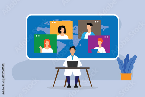 Virtual Medical Conference with Global Participants 2d flat vector illustration