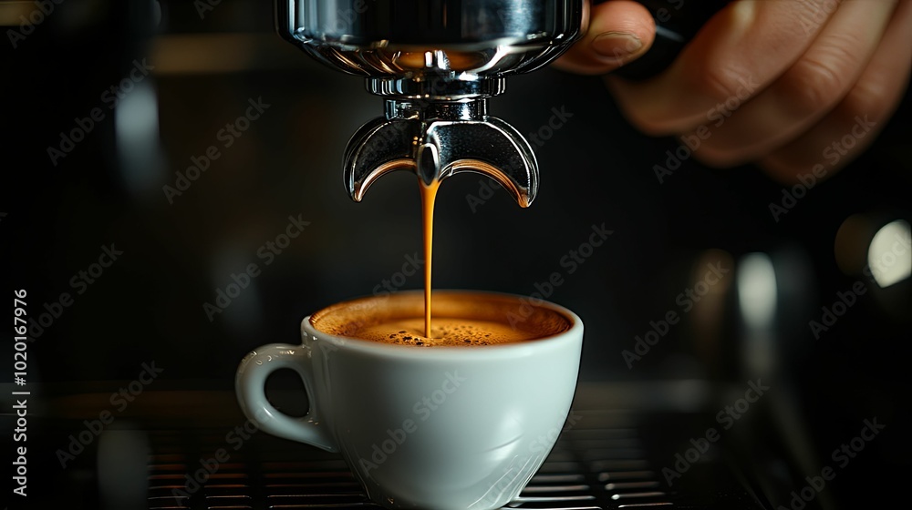 Espresso Machine Pouring Coffee into a White Cup Espresso Machine Pouring Coffee into a White Cup