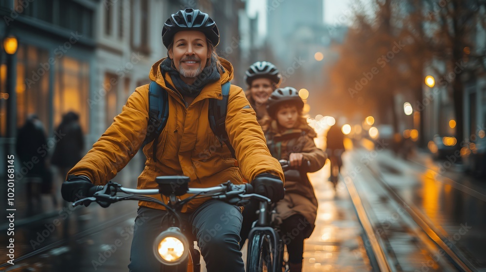 Family riding electric bikes in city during evening commute Family riding electric bikes in city during evening commute