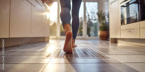 A person walks barefoot in a modern kitchen, the warmth of the underfloor heating system highlighted by the gentle rays of the morning sun..