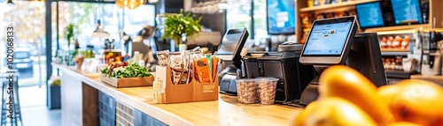 Countertop of a Modern Restaurant with POS System and Snacks.