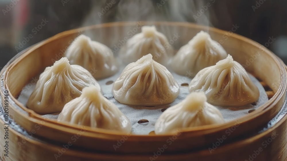 Un conjunto de ocho dumplings al vapor está dispuesto en una canasta de bambú, con vapor elevándose, mostrando su frescura y textura suave.
Un conjunto de ocho dumplings al vapor está dispuesto en una canasta de bambú, con vapor elevándose, mostrando su frescura y textura suave.
