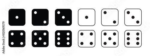 Game dice Icon with side of cube from one to six number. Set of black icon sided for gamble. Dot on cube of casino
