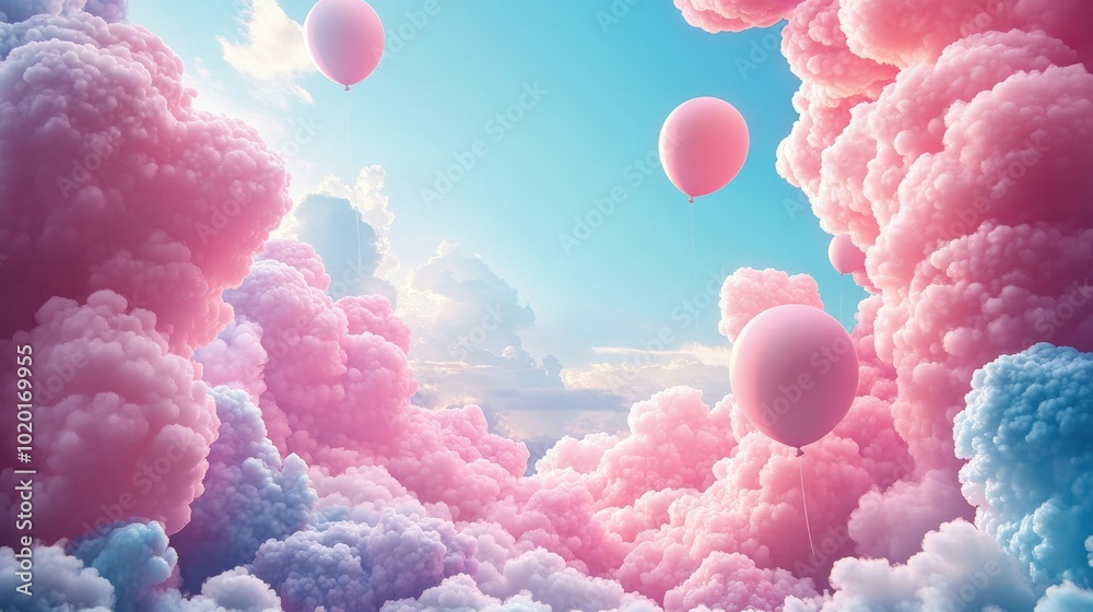 Pink and Blue Clouds with Balloons Floating in the Sky Pink and Blue Clouds with Balloons Floating in the Sky