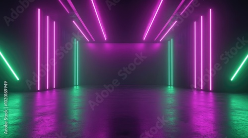 Club stage illuminated by neon purple and green lights, with bold, angular architecture and open copy space for text.