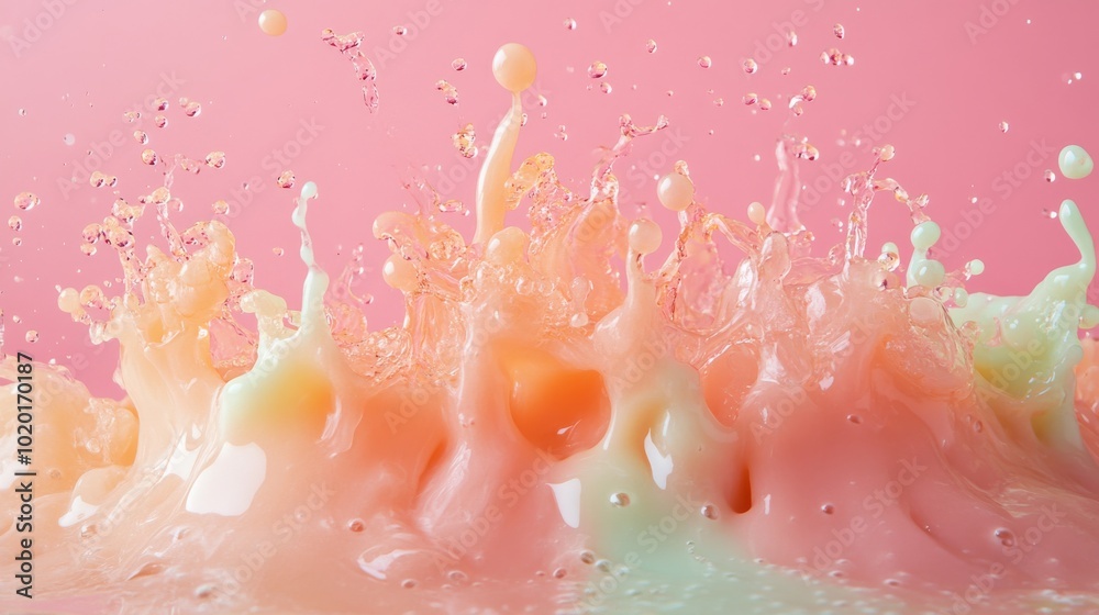 Abstract Splash of Pastel-Colored Liquid on a Pink Background Abstract Splash of Pastel-Colored Liquid on a Pink Background