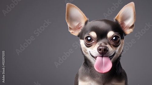 Adorable black and tan Chihuahua with tongue out on a dark gray background