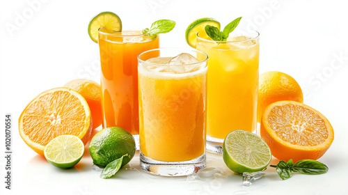 Refreshing collection of tropical juice drinks with oranges and limes, served in glasses, ideal for summer enjoyment on a white isolate background.