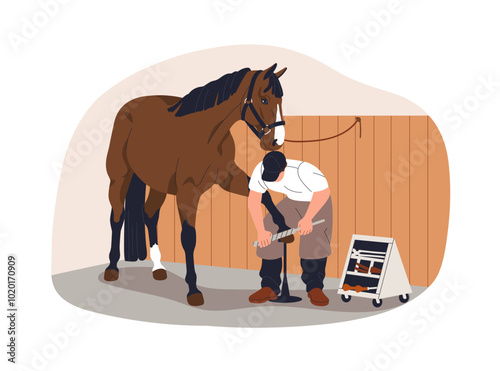 Farrier shoeing horse. Professional trimming hoof, grooming hooves. Horseshoeing stallion, equine care and treatment with tools by blacksmith. Flat vector illustration isolated on white background