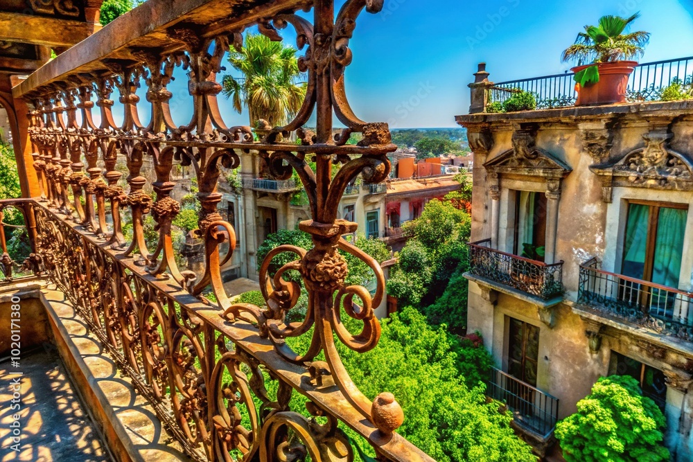 Obraz premium Aerial View of an Old Iron Balcony Surrounded by Lush Greenery and Historic Architecture