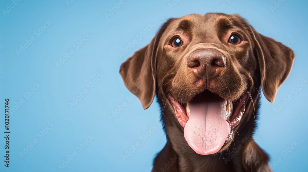 Close-up of a Chocolate Labrador smiling with tongue out against a light blue background Close-up of a Chocolate Labrador smiling with tongue out against a light blue background