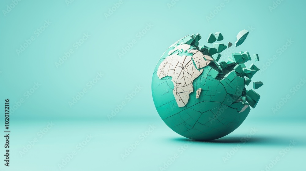 Globe fragmenting on turquoise background