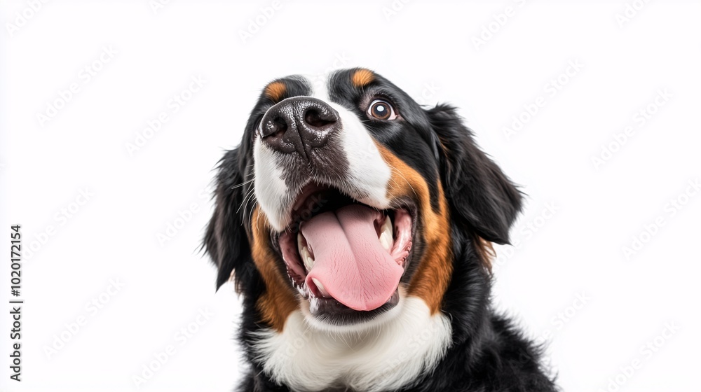 Excited Bernese Mountain Dog with tongue out on a white background, close-up Excited Bernese Mountain Dog with tongue out on a white background, close-up