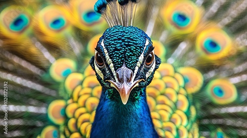 Close-up Portrait of a Peacock with its Feathers in the Background photo