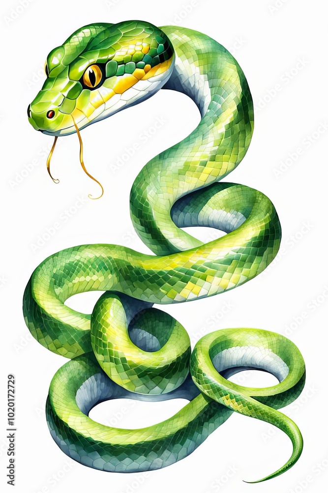Naklejka premium Drawing of a green snake on a white background. The symbol of the new year 2025.
