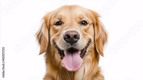 Golden retriever smiling with tongue out, close-up portrait on a white background