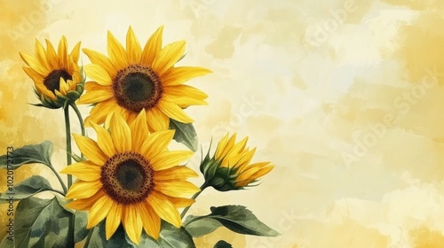 Three bright yellow sunflowers with green leaves on a watercolor background.